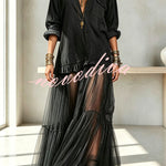 Retro-style Faux Denim Long Sleeve Pocket Tulle Hem Shirt Maxi Dress