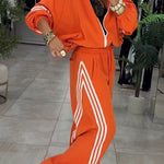 Fashionable Sporty Stripes Long Sleeve Zipper Drawstring Jacket and Elastic Waist Pocket Pants Set