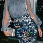 Analie Chiffon High Neck Lantern Sleeve Floral Sequined Hem Sheath Midi Dress