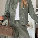 Chivalry Denim Antique Silver Button Ribbon Military Pattern Long Sleeve Jacket