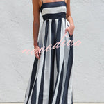 Color-blocked Striped Print Square Neck Suspender Casual Pocket Maxi Dress
