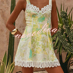 Stelle Linen Blend Floral Print Crochet Zig Zag Trim Back Lace-up Mini Dress
