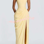 Cyra Back Lace-up Asymmetrical Pleats Strapless Slit Maxi Dress