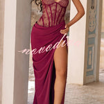 Bonita Floral Lace Contrast Structural Detail Asymmetrical Pleats Halter Slit Maxi Dress