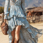 Unique Print V-Neck Long Sleeve Irregular Ruffle Maxi Dress