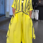 Ruan Linen Blend Stripe Print Long Sleeve Midi Shirt and Elastic Waist Pocketed Loose Pants Set