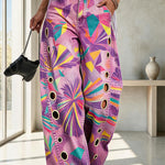 Faux Denim Unique Print Mid Rise Silver Stud Detail  Pocket Barrel Pants
