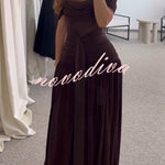 Maguire Chiffon Ruched Floral Lace Patchwork Off Shoulder Drape Gown Maxi Dress