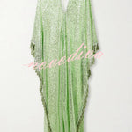 Gianna Sequin Deep V-neck Batwing Sleeve Fringed Trim Slit Gown Maxi Dress