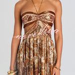 Bohemian Flair Chiffon Golden Paisley Print Cutout Halter Maxi Dress