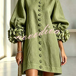 Rima Linen Blend Flowers Button Down Floral Cuffs Half Sleeve Mini Dress