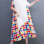 Loose Short Sleeves Multi-Colored Polka-Dot Split-Joint Round-Neck Midi Dresses