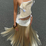 Fashionable Lace Appliqu¨¦ Tassel Hem Vacation Maxi Skirt