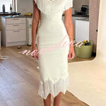 Solid Color V-neck Off-shoulder Slim-fit Tassel Midi Dress