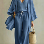 Linen Blend Solid Color Loose Cardigan V-neck Sleeveless Vest and Elastic Waist Pocket Straight Leg Pants Three-piece Set