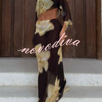 Floral Print Off-shoulder Long-sleeved Loose Top and Elegant Drawstring Maxi Skirt Set