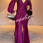 Raise A Toast Satin Long Balloon Sleeve Twist Waist Slit Maxi Dress