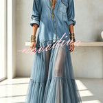 Retro-style Faux Denim Long Sleeve Pocket Tulle Hem Shirt Maxi Dress