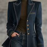 Fashion Retro Topstitched Navy Blue Denim Jacket