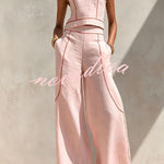 Elysia Contrast-Stitch Linen Two-Piece Set