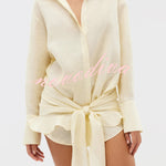 Solid Color Collared Long-sleeved Casual Shirt Style Lace Up Vacation Mini Dress