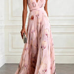 Tulip Print V-Neck Sleeveless Elegant Waist-Defining Maxi Dress