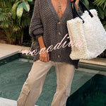 Hestia Knitted Texture Solid Color Button Long Sleeve Relaxed Cardigan