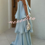 Soft and Smooth Satin Tiered Slip Square Neck A-line Maxi Dress