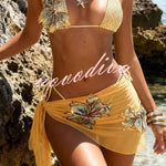 Gradient Floral Embellishment Tie-up Two-piece Stretch Bikini Swimsuit and Holiday Sheer Mini Skirt Set