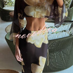 Floral Print Off-shoulder Long-sleeved Loose Top and Elegant Drawstring Maxi Skirt Set