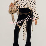 Chrissa Satin Polka Dot Print Lace Trim Tie-up Neck Balloon Sleeve Loose Blouse