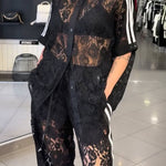 Mix Fashion Lace Striped Trim Short Sleeve Button Shirt and Elastic Waist Pocket Loose Pants Set