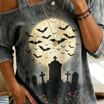 Cozy Fall Vibes Black Cat Print Off-Shoulder Halloween Top