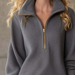 Exquisite Casual Lapel Front Zipper Three-quarter Sleeve Gray Waffle Mini Dress