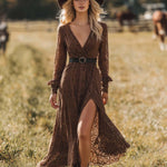 Elegant Brown Lace Front Slit Long Sleeve Maxi Dress
