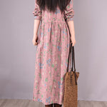 Vintage Floral Printed Ramie Cotton Loose Midi Dress