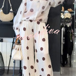 Grazia Polka Dot Sheer Long Balloon Sleeve Shirt and Elastic Waist Pocket Wide Leg Pants Set
