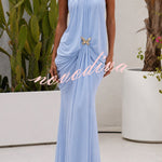 Touch of Drama Mesh Butterfly Metal Clips One Shoulder Backless Maxi Dress