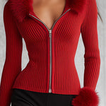 Lapel Zipper Faux Fur Collar Knitted Cardigan