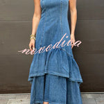 Graceful Smile Denim Back Zipper Slip Layered Ruffle Hem Maxi Dress