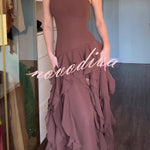 Elegant Sleeveless Off-shoulder Fitted Ruffled High Slit Maxi Dress