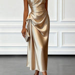 Satin One-shoulder Pleated Waist Elegant Midi Dress