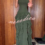 Elegant Sleeveless Off-shoulder Fitted Ruffled High Slit Maxi Dress