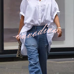 Street Style Denim Asymmetrical Pocket Design Mid Rise Distressed Wide Leg Jeans