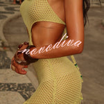 Fashionable Openwork Knit Halter Neck Tie Slim Fit Cover-up Mini Dress