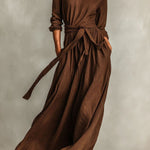 Linen Blend Round Neck Long Sleeve Waist Tie Casual Pocket Maxi Dress