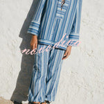 Althea Striped Print Lace-up Neck Long Sleeve Top and Elastic Waist Pocket Lantern Pants Set
