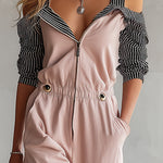 Stylish Color-blocked Striped Sleeve Pink Cotton Jumpsuit