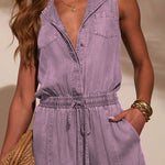 Stylish Collared Sleeveless Elastic Waist Tie Casual Pocket Denim Jumpsuit