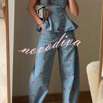 Sweet Casual Denim Cherry Print Princess Seams Flare Vest Top